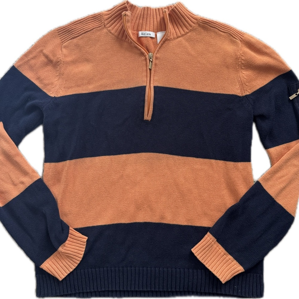 liz & co. Women's Bold Stripe Zip-Up Sweater